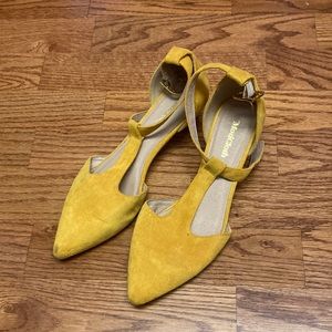 Mustard yellow Modcloth low heeled t-strap shoes, faux suede